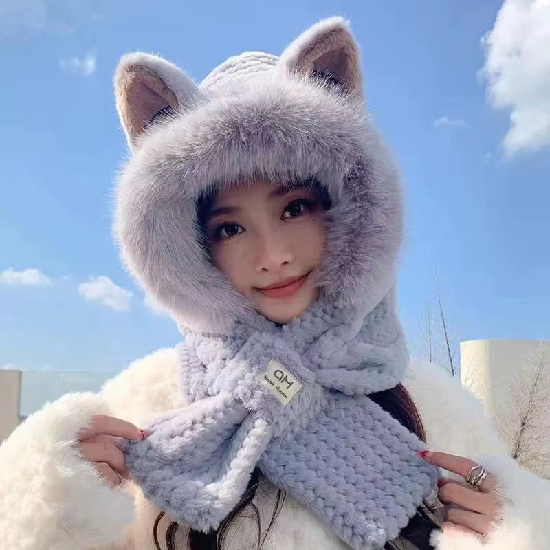 Lovely Beanie Hat Scarf Set Women Faux Fur Warm Winter Hat Children Parent Neck Circle Scarf Ski Snow Hat Cap Skullies Beanies