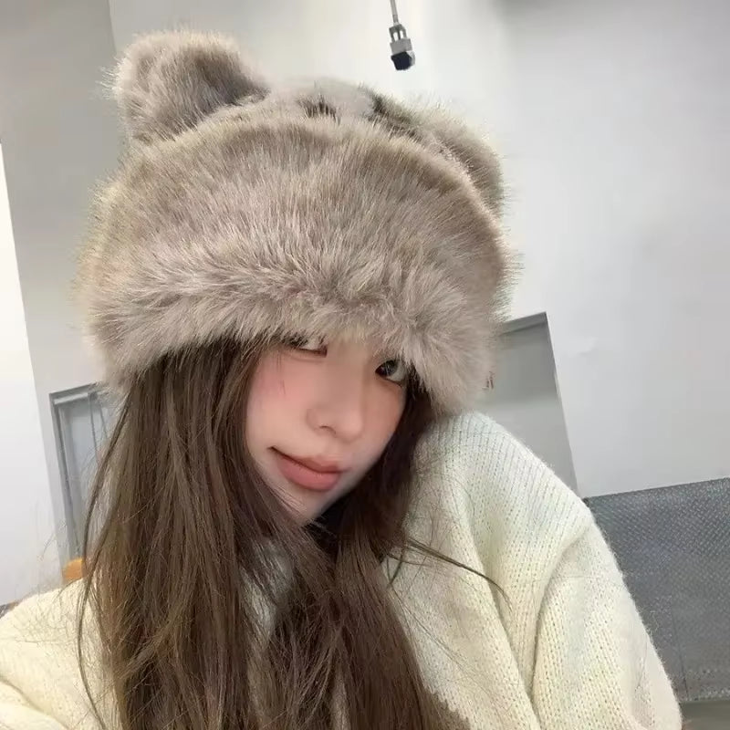 Women Leopard Print Plush Hats Warm Autumn Winter Korean Little Bear Ears Cute Mongolian Cap Windproof Ear Protection Bonnets