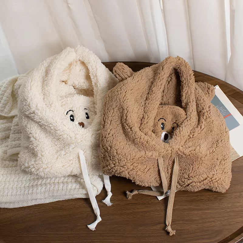 1PC Scarf Hat Warm One-Piece Hat Bear Winter Students Lamb'S Wool Korean Version of the Hooded Mask Plush Cap