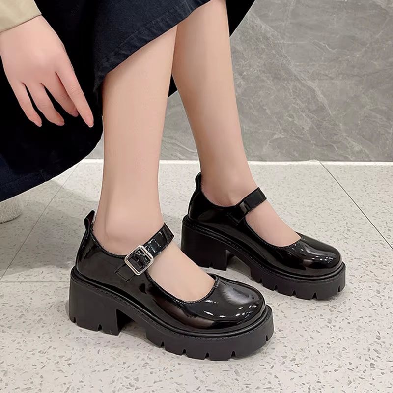 Black Ankle Buckle Platform Pumps Women Japanese Style Patent Leather Mary Jane Shoes Woman Punk Thick Heels Lolita Shoes Mujer