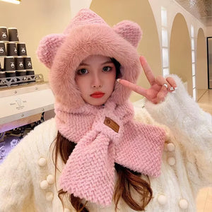 Lovely Beanie Hat Scarf Set Women Faux Fur Warm Winter Hat Children Parent Neck Circle Scarf Ski Snow Hat Cap Skullies Beanies