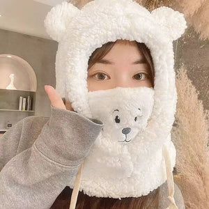 1PC Scarf Hat Warm One-Piece Hat Bear Winter Students Lamb'S Wool Korean Version of the Hooded Mask Plush Cap