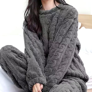 Autumn Women Solid Warm 2 Piece Sets Thicken Velvet Ribbed Fleece Set Pullover and Pants Women Casual Pajama Sets 2023