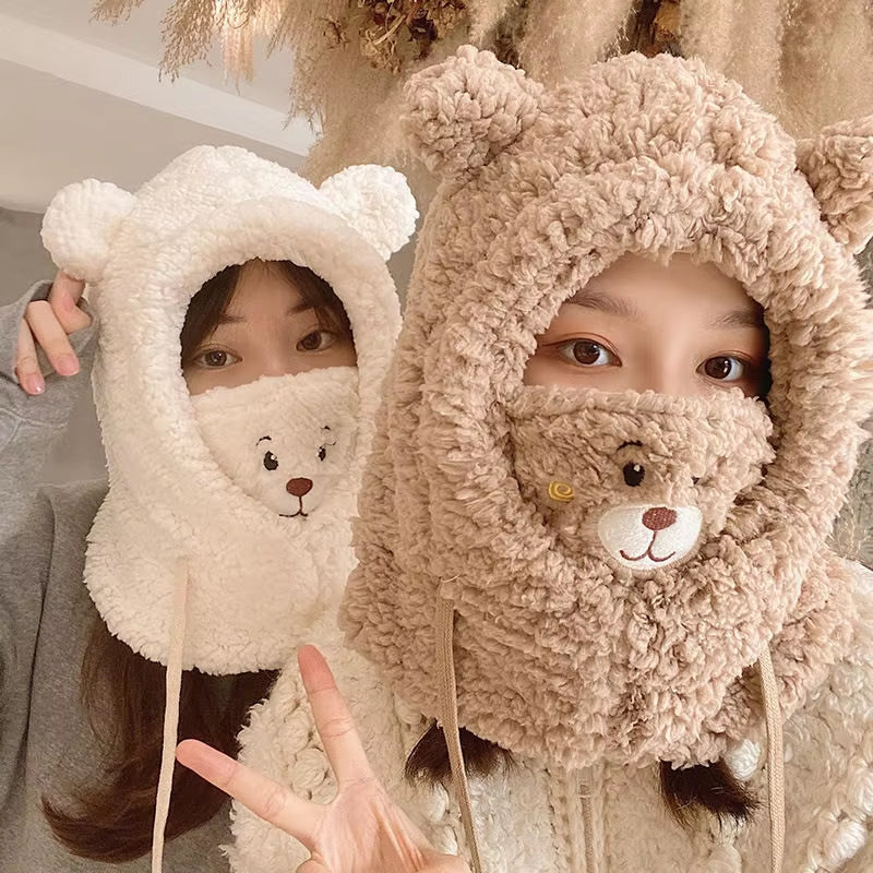 1PC Scarf Hat Warm One-Piece Hat Bear Winter Students Lamb'S Wool Korean Version of the Hooded Mask Plush Cap