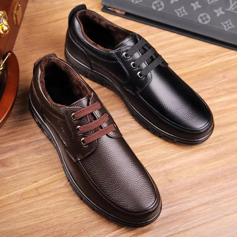 Hot Sale Soft Sole Lace-Up Luxury Brand Middle-Aged Old Man Dad Lightweight Loafers Shoes Men Genuine Leather Casual Shoes