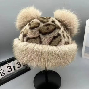 Women Leopard Print Plush Hats Warm Autumn Winter Korean Little Bear Ears Cute Mongolian Cap Windproof Ear Protection Bonnets