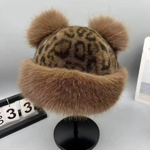 Women Leopard Print Plush Hats Warm Autumn Winter Korean Little Bear Ears Cute Mongolian Cap Windproof Ear Protection Bonnets