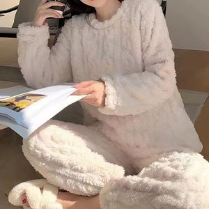 Autumn Women Solid Warm 2 Piece Sets Thicken Velvet Ribbed Fleece Set Pullover and Pants Women Casual Pajama Sets 2023