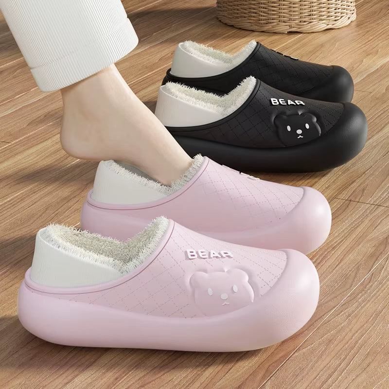 New Couple Winter Wrap Heel Warm Waterproof Soft Lithe Fluffy Slippers for Women Men Non-Slip Ladies' Home Casual Cotton Shoes