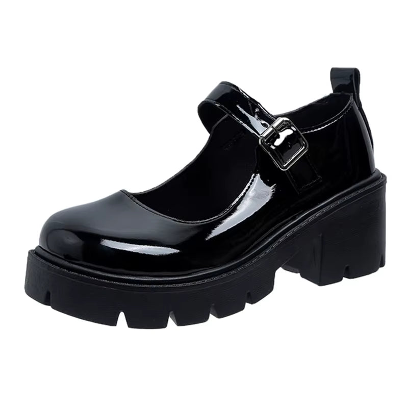 Black Ankle Buckle Platform Pumps Women Japanese Style Patent Leather Mary Jane Shoes Woman Punk Thick Heels Lolita Shoes Mujer