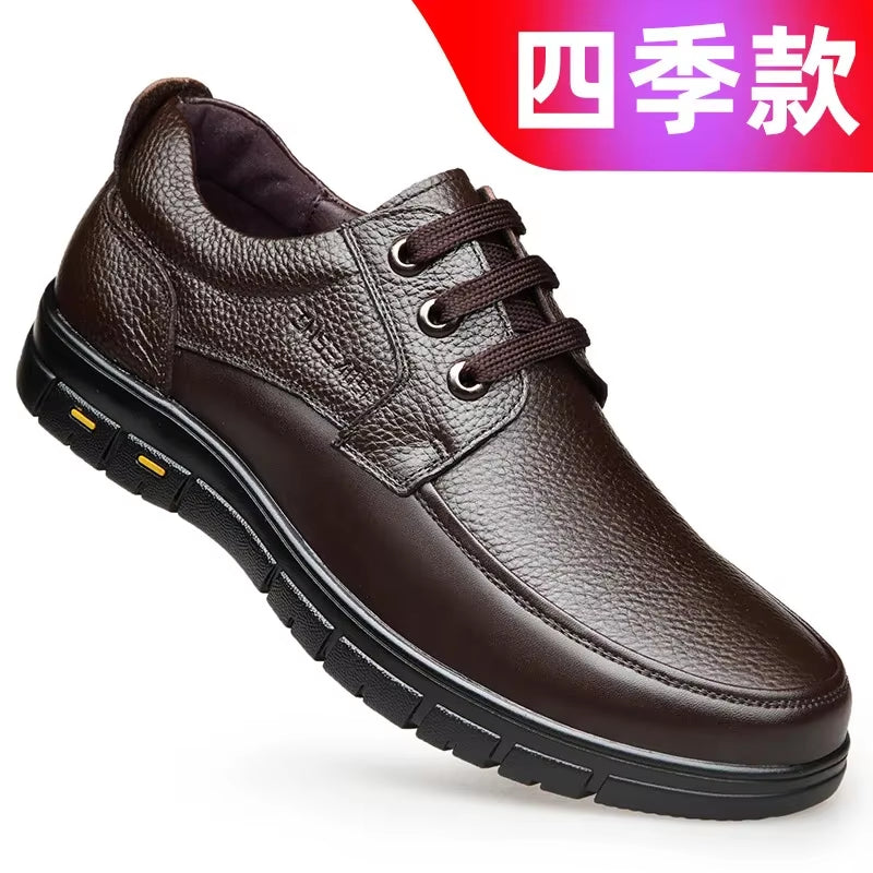 Hot Sale Soft Sole Lace-Up Luxury Brand Middle-Aged Old Man Dad Lightweight Loafers Shoes Men Genuine Leather Casual Shoes