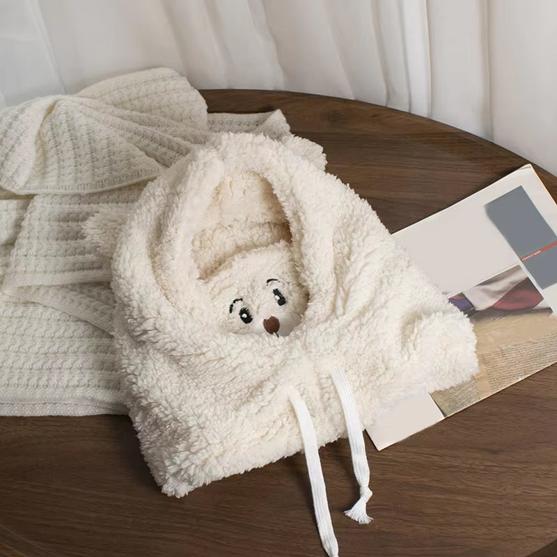 1PC Scarf Hat Warm One-Piece Hat Bear Winter Students Lamb'S Wool Korean Version of the Hooded Mask Plush Cap