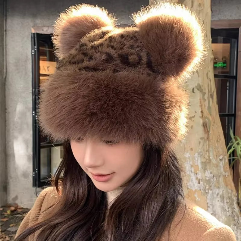 Women Leopard Print Plush Hats Warm Autumn Winter Korean Little Bear Ears Cute Mongolian Cap Windproof Ear Protection Bonnets