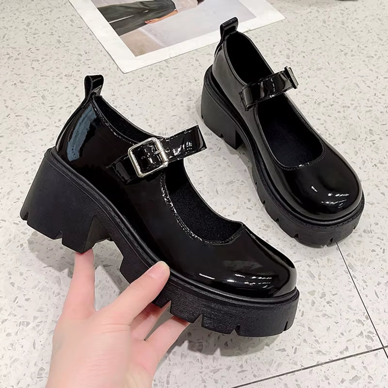 Black Ankle Buckle Platform Pumps Women Japanese Style Patent Leather Mary Jane Shoes Woman Punk Thick Heels Lolita Shoes Mujer