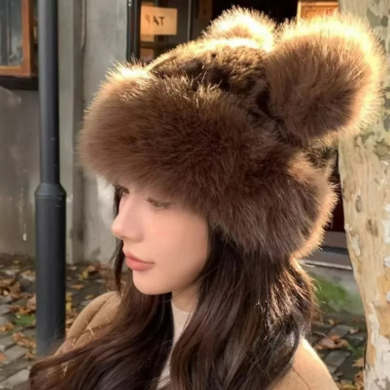 Women Leopard Print Plush Hats Warm Autumn Winter Korean Little Bear Ears Cute Mongolian Cap Windproof Ear Protection Bonnets